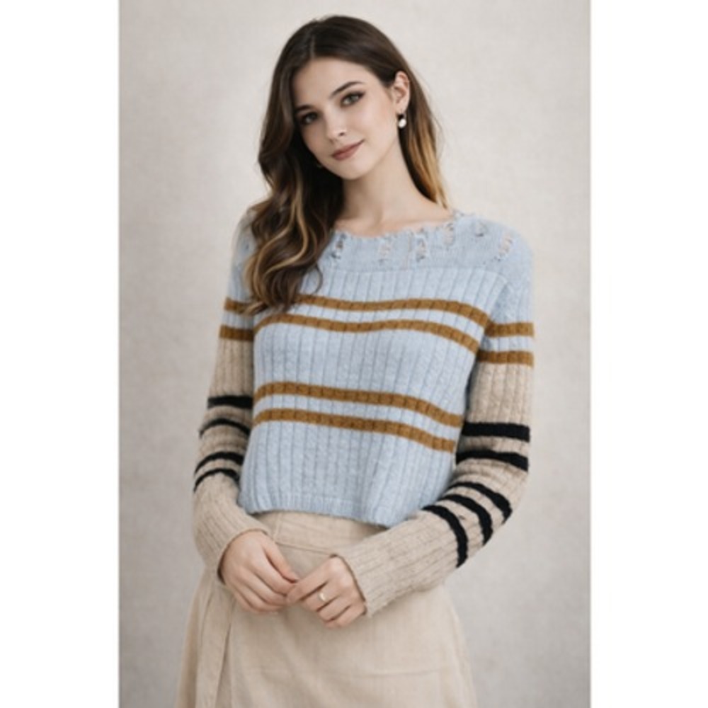 2/$30 SO Y2K Women's M Striped Distressed Cropped Sweater Blue Brown Crewneck